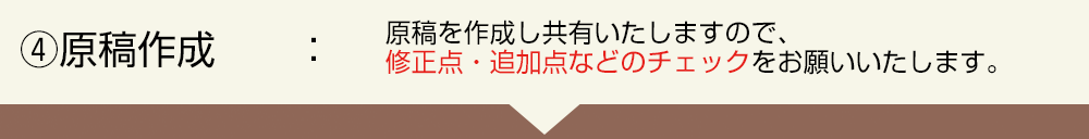 原稿作成:原稿を作成し共有いたしますので、修正点・追加点などのチェックをお願いいたします。