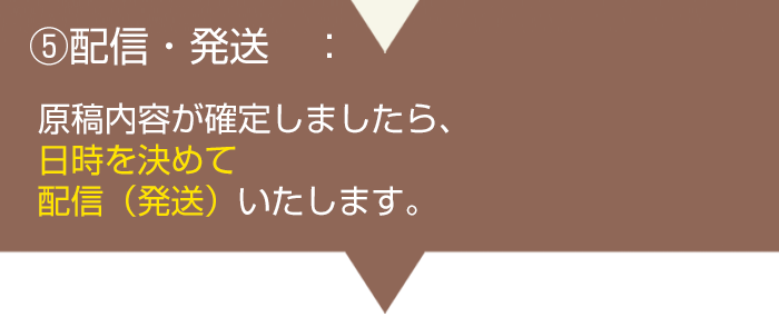 配信・発送:原稿内容が確定しましたら、日時を決めて配信(発送)いたします。