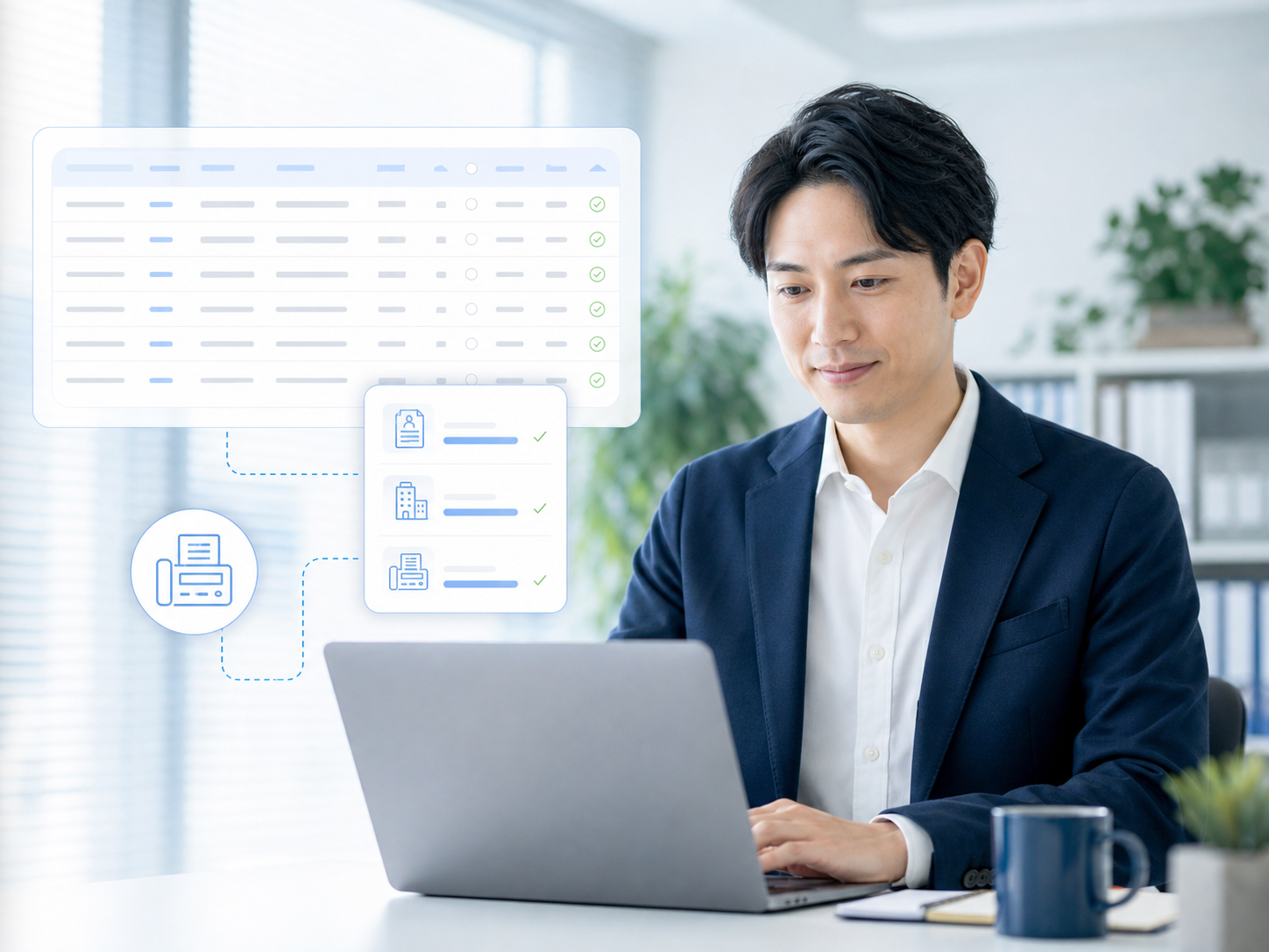 法人リストのFAX番号付与を相談する日本人ビジネスパーソンのイメージ